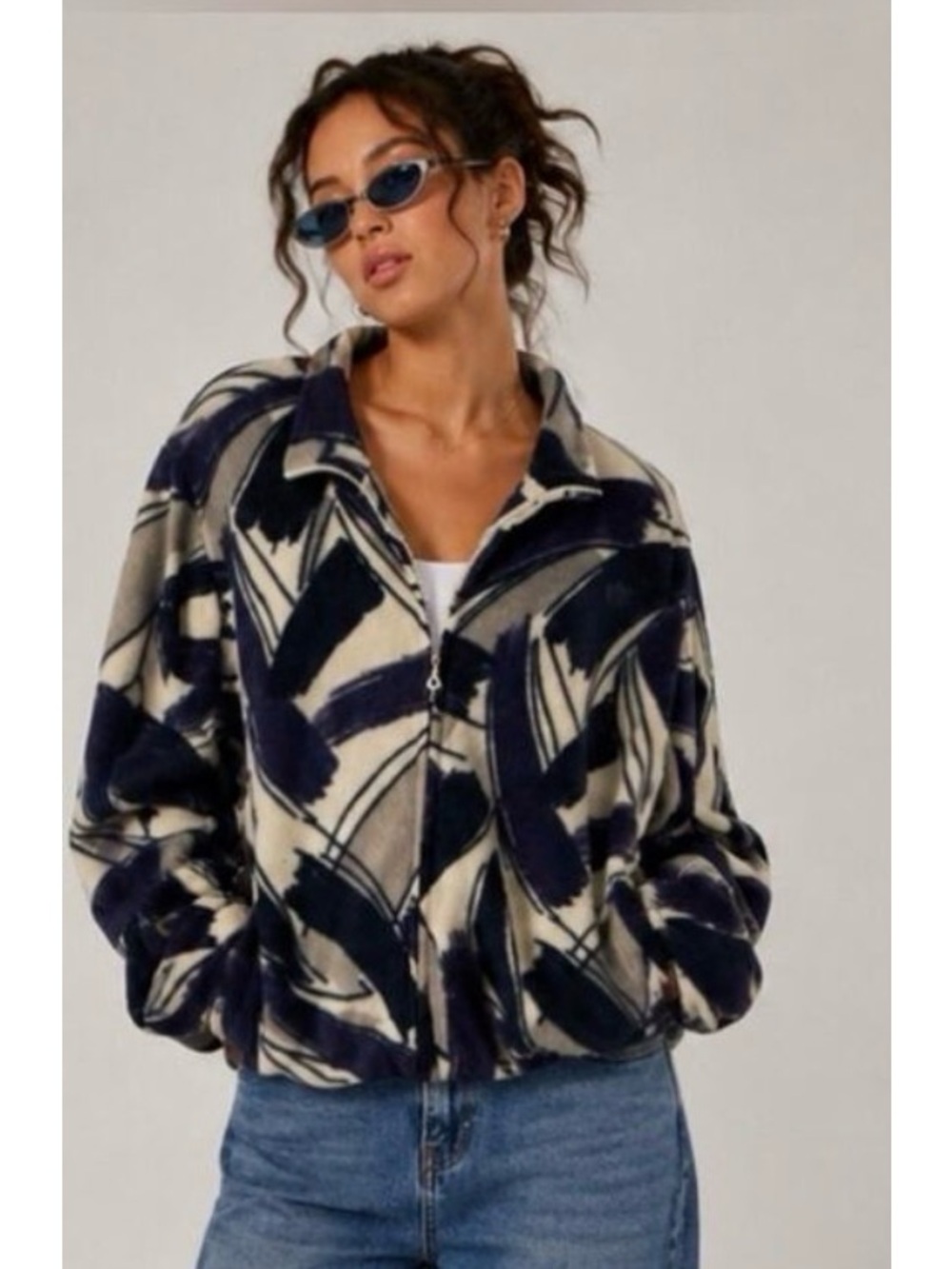 VTG Purple & Black & White Studded Artsy Brushstroke Bomber Fleece Jacket Large